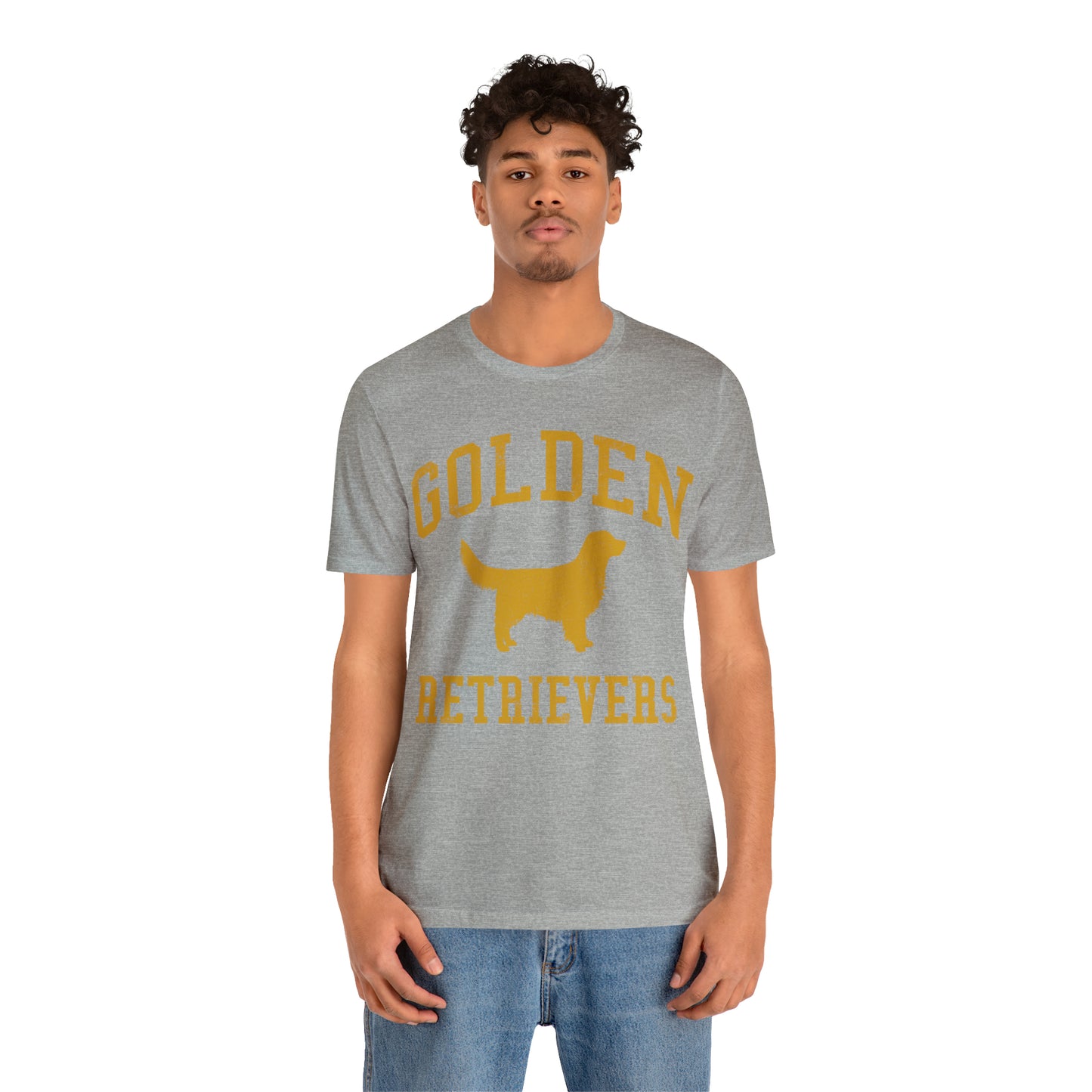 Golden Retrievers Collegiate Unisex Tee, with Distressed Gold Print