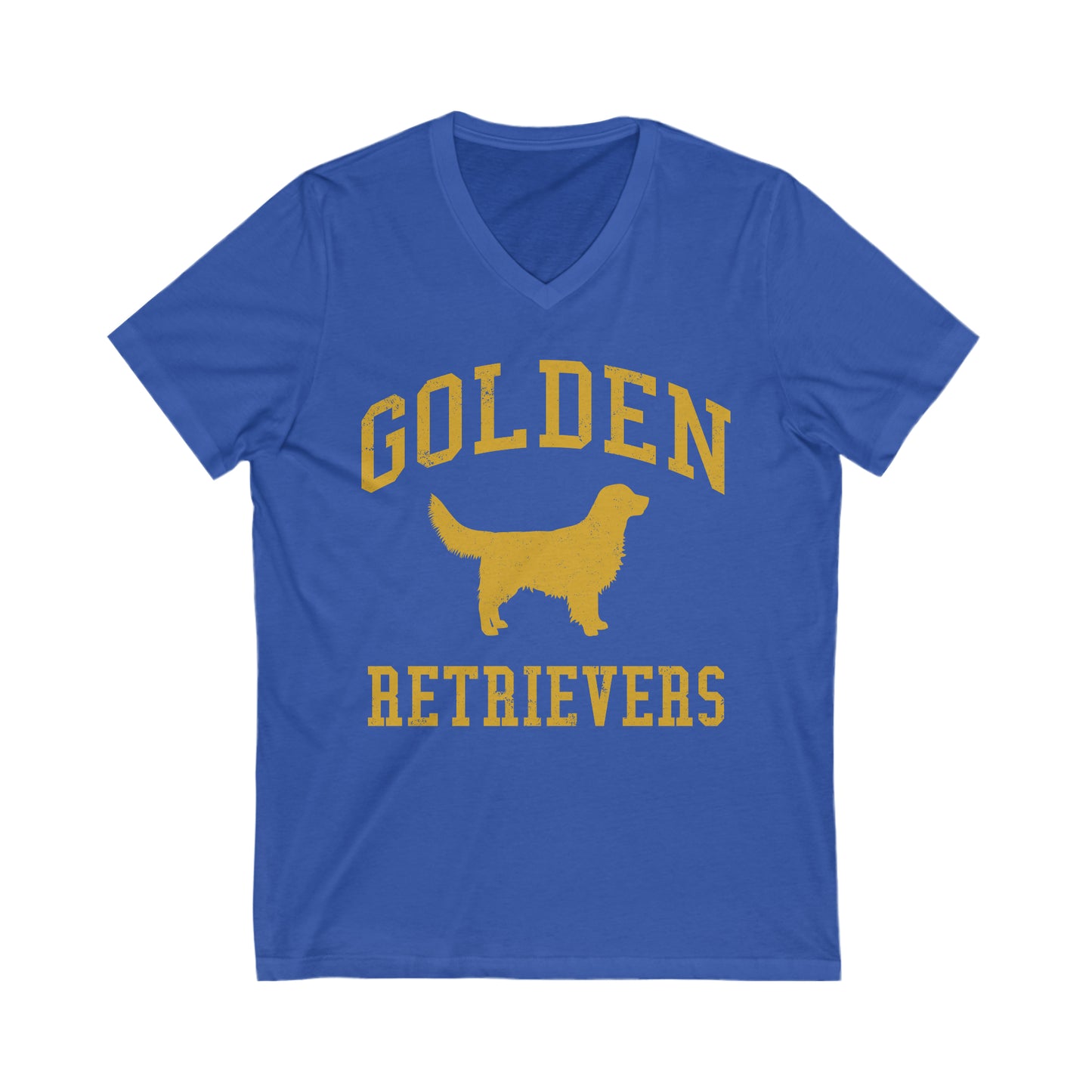 Golden Retrievers Collegiate Unisex V-Neck Tee, with Distressed Gold Print