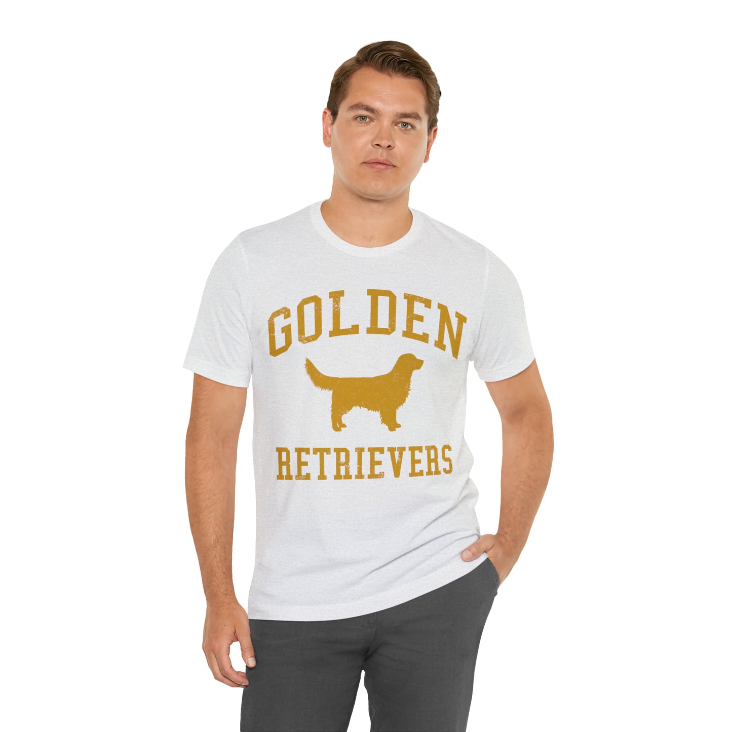 Golden Retrievers Collegiate Unisex Tee, with Distressed Gold Print