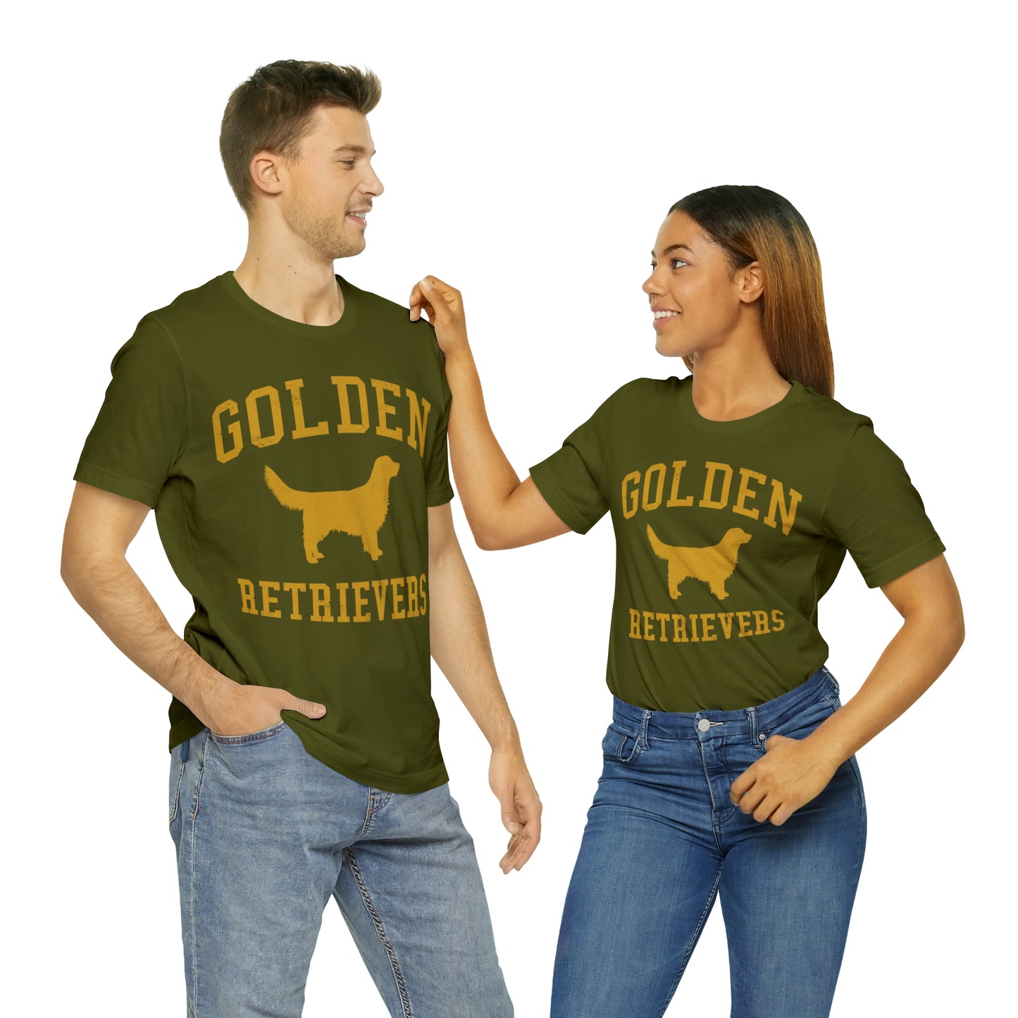 Golden Retrievers Collegiate Unisex Tee, with Distressed Gold Print