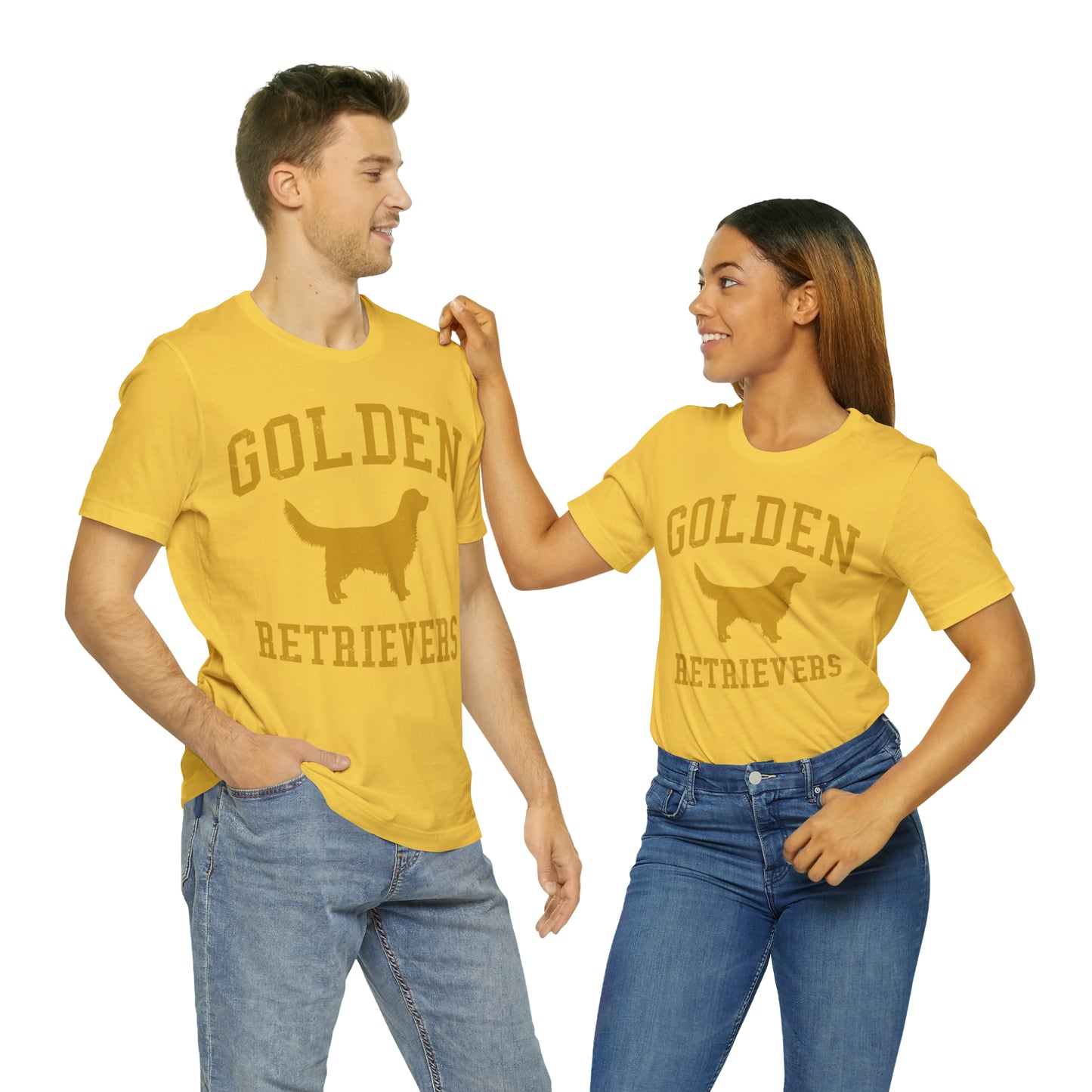 Golden Retrievers Collegiate Unisex Tee, with Distressed Gold Print
