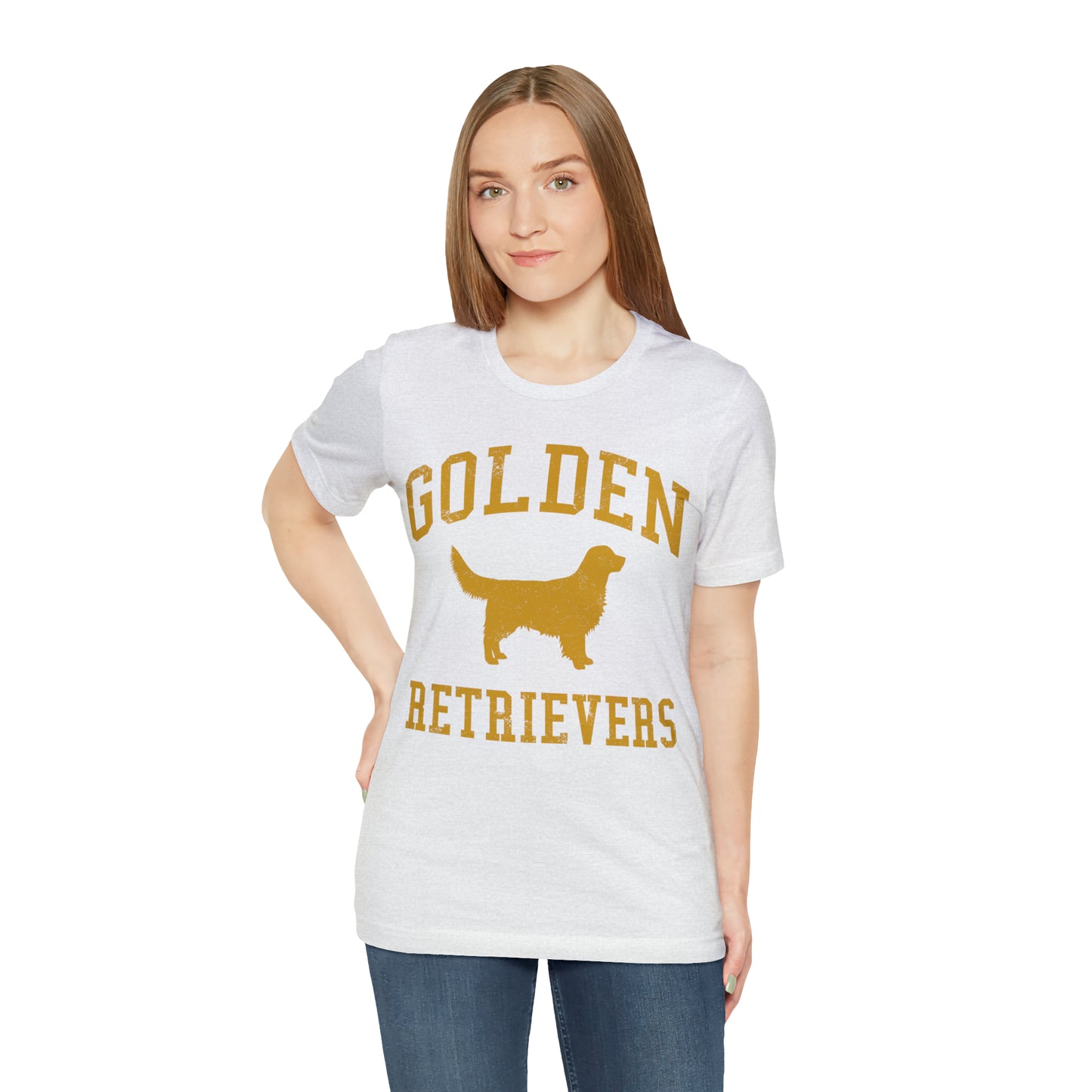 Golden Retrievers Collegiate Unisex Tee, with Distressed Gold Print