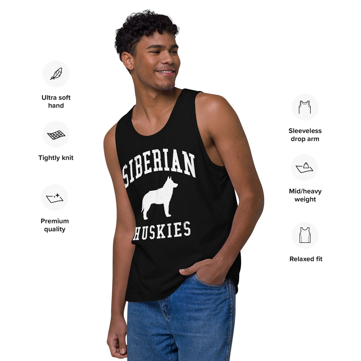 Siberian Huskies Collegiate Men’s Premium Tank Top, with Distressed Print