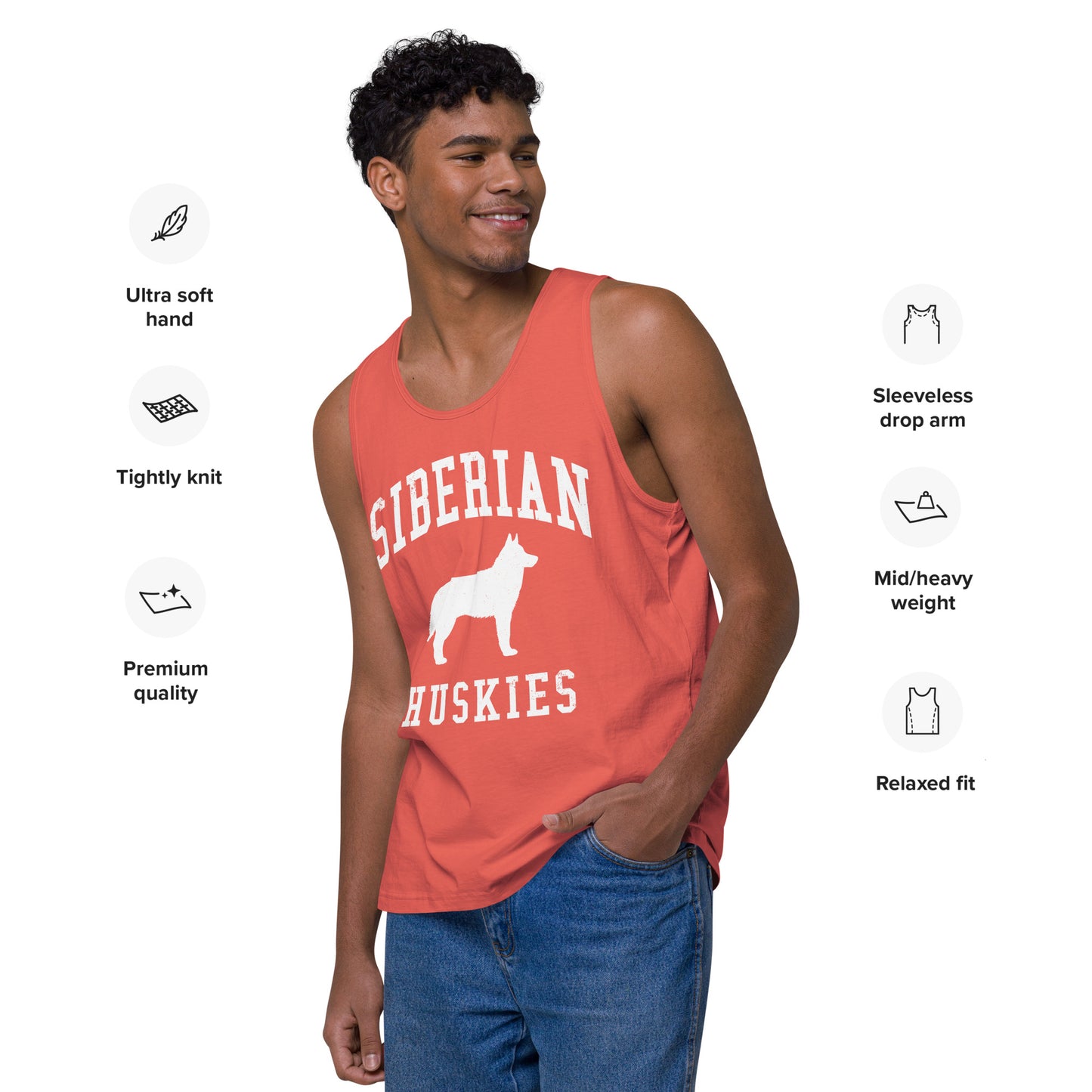 Siberian Huskies Collegiate Men’s Premium Tank Top, with Distressed Print