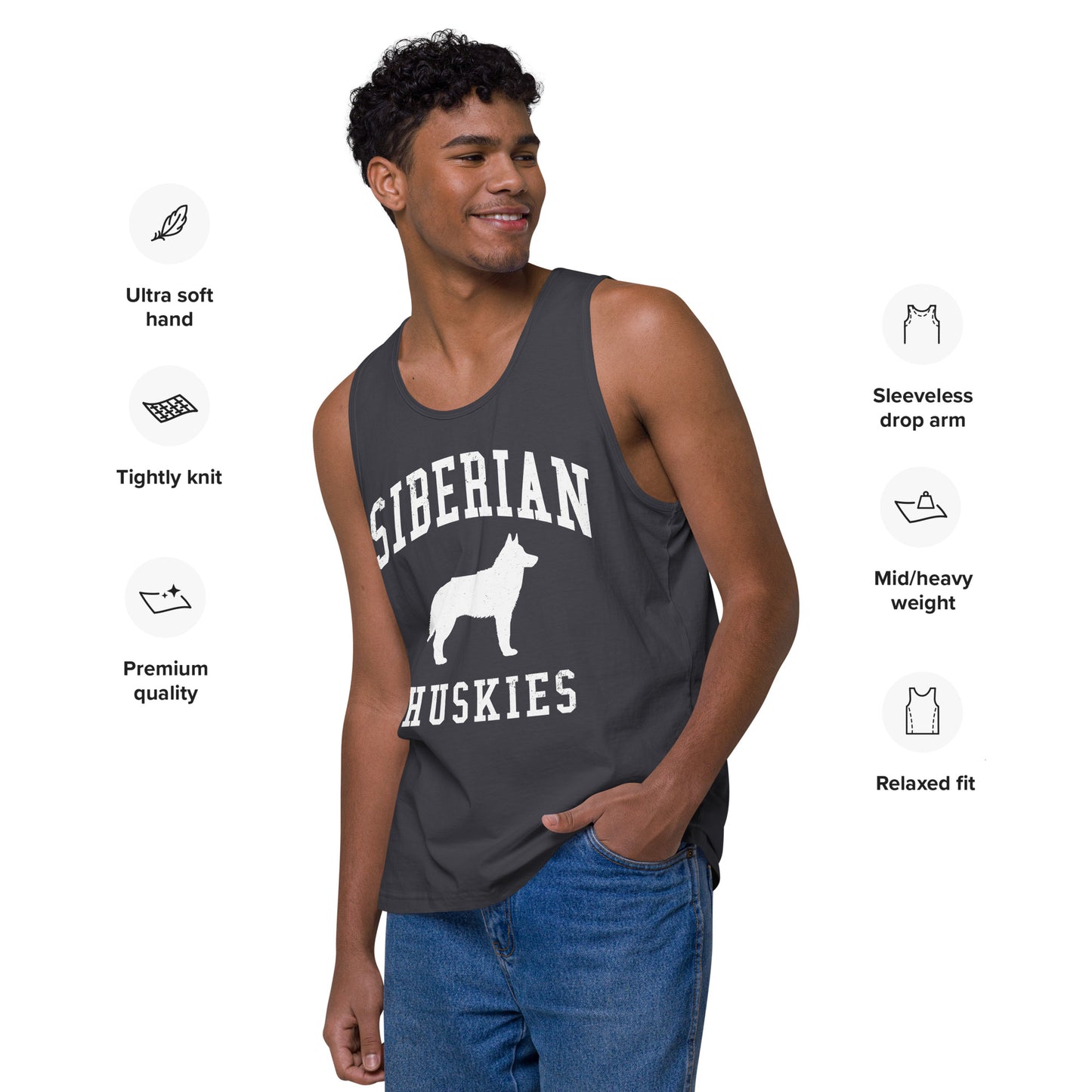 Siberian Huskies Collegiate Men’s Premium Tank Top, with Distressed Print