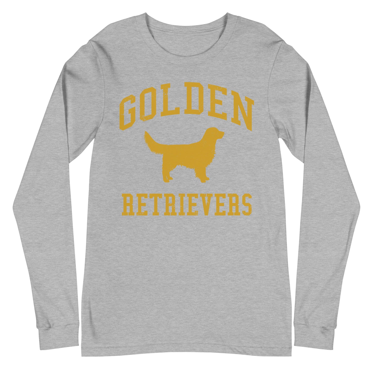 Golden Retrievers Collegiate Unisex Long Sleeve Tee, with Distressed Gold Print