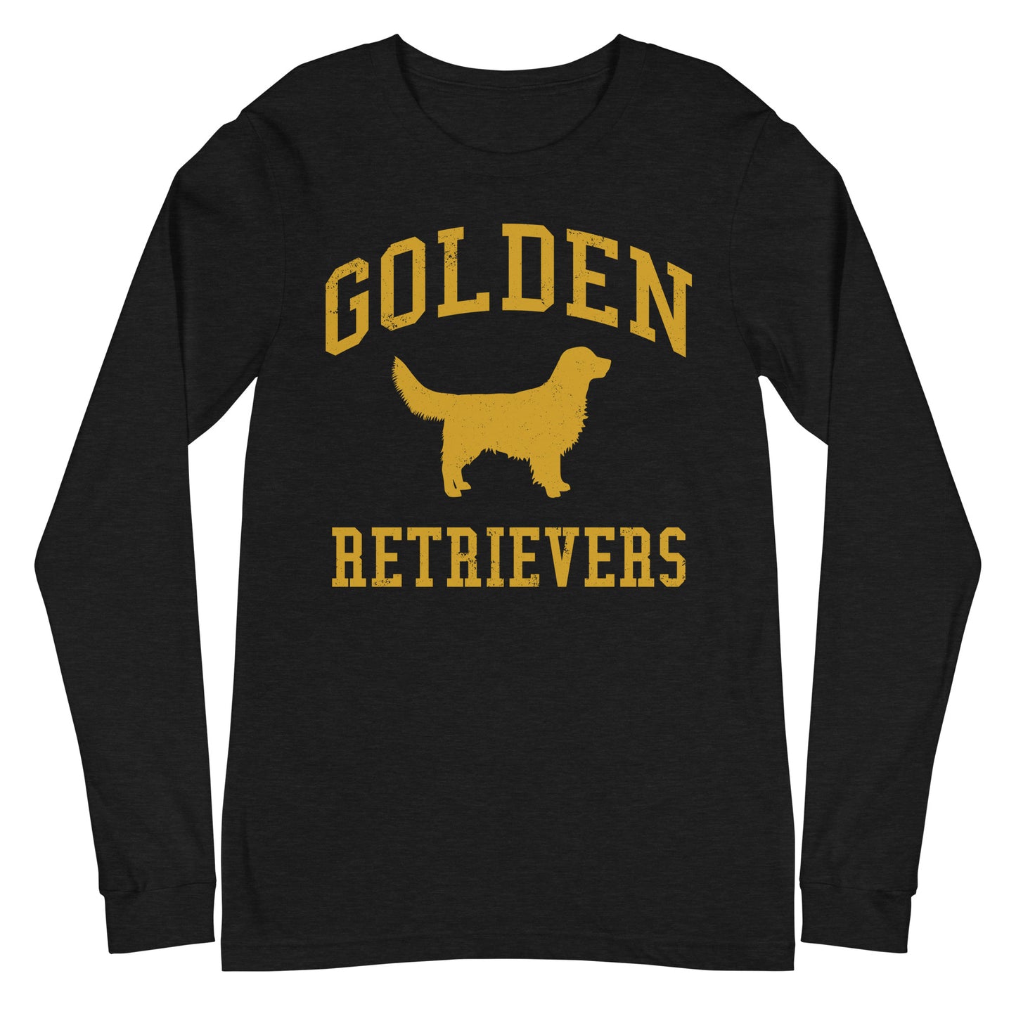 Golden Retrievers Collegiate Unisex Long Sleeve Tee, with Distressed Gold Print