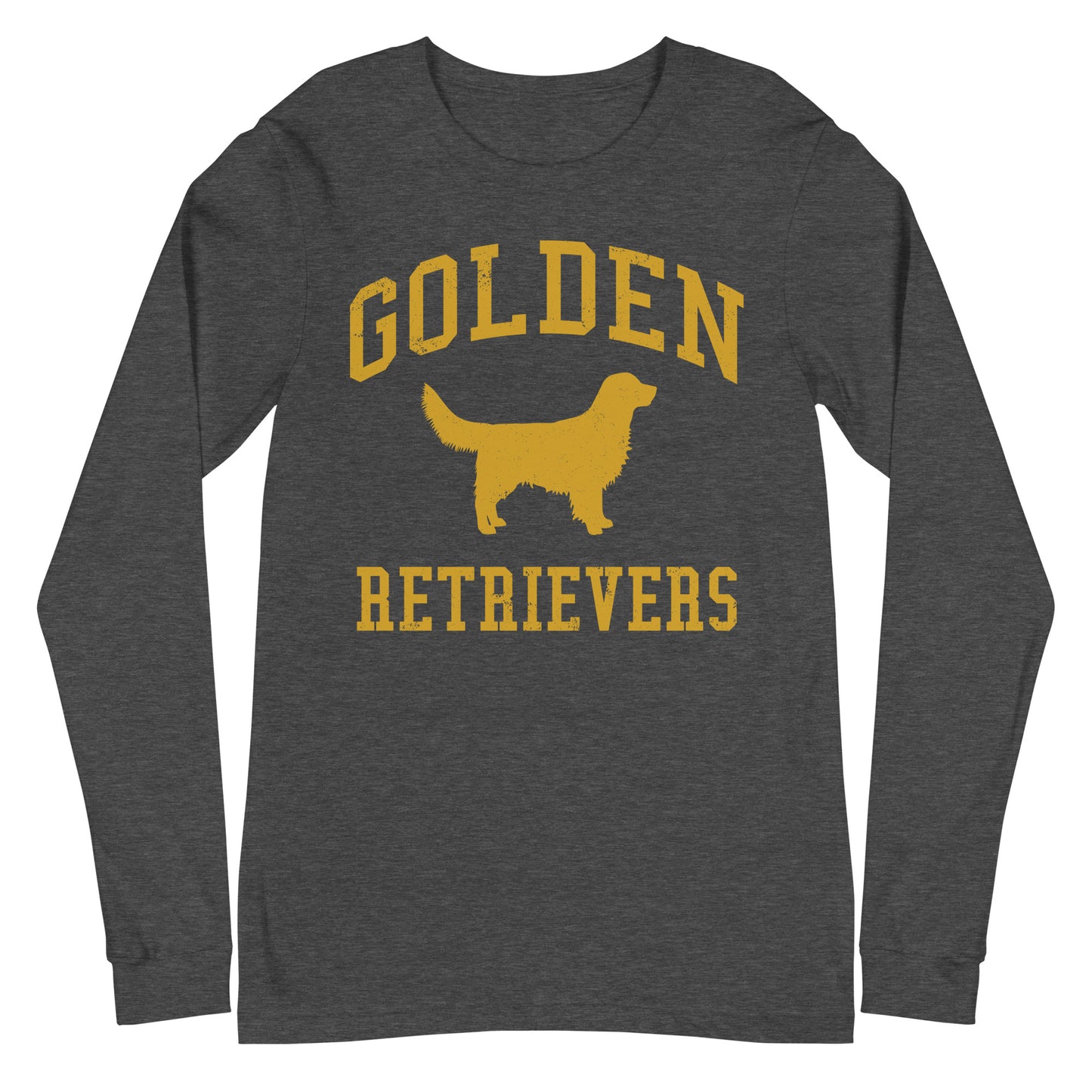 Golden Retrievers Collegiate Unisex Long Sleeve Tee, with Distressed Gold Print