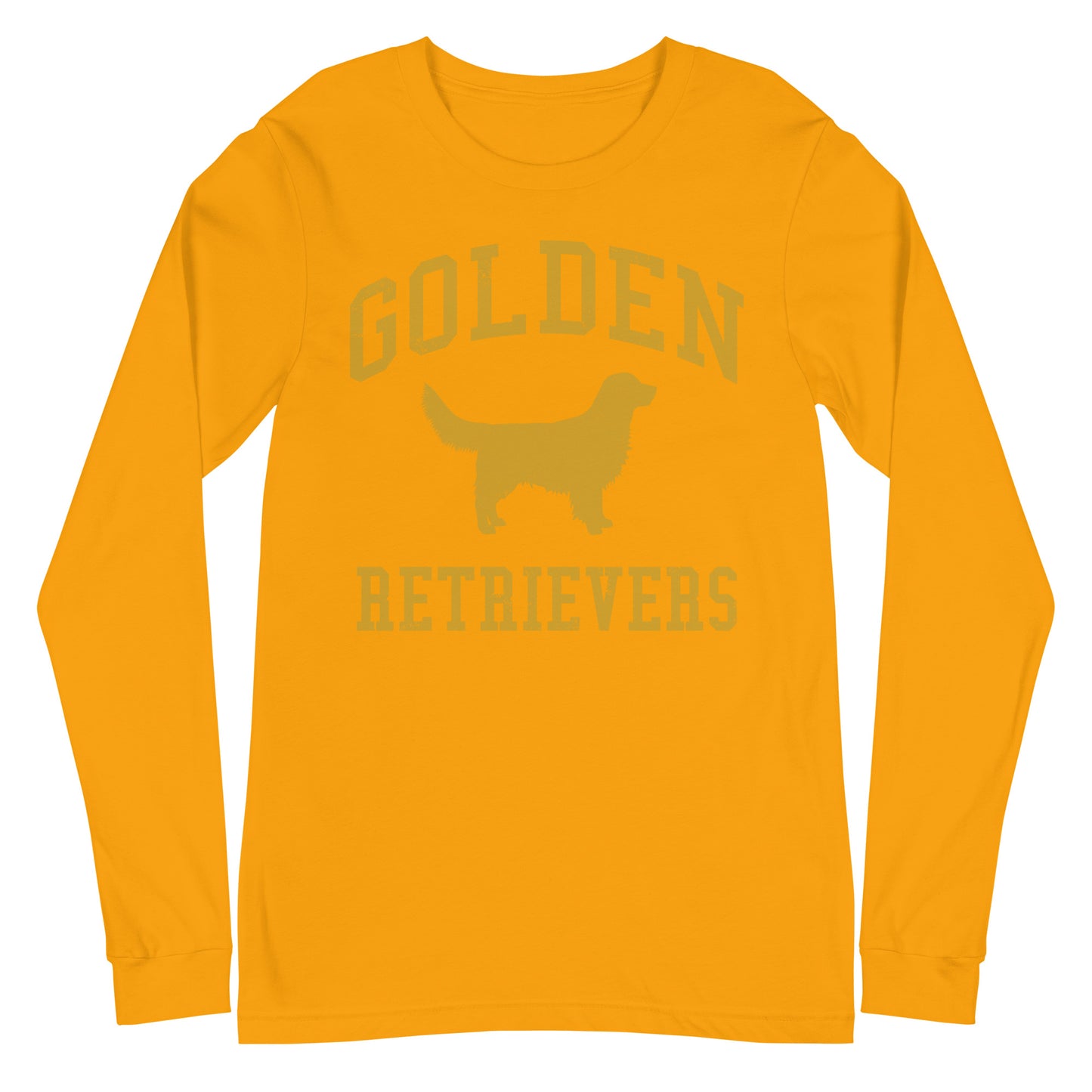 Golden Retrievers Collegiate Unisex Long Sleeve Tee, with Distressed Gold Print