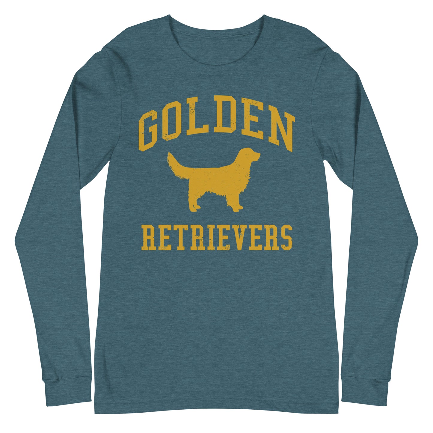 Golden Retrievers Collegiate Unisex Long Sleeve Tee, with Distressed Gold Print