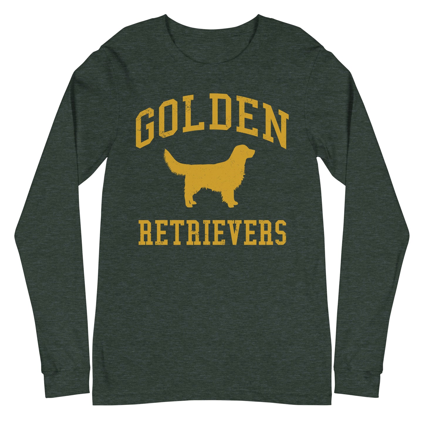 Golden Retrievers Collegiate Unisex Long Sleeve Tee, with Distressed Gold Print