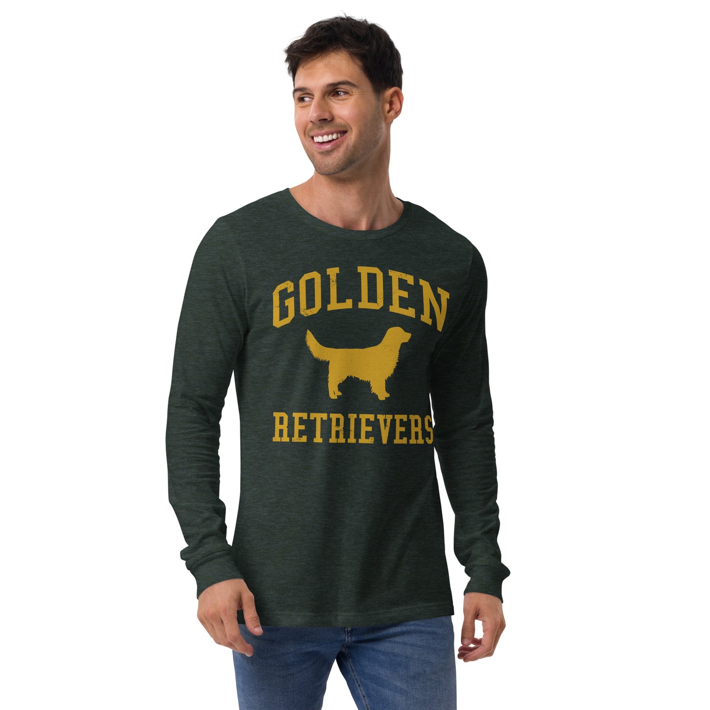 Golden Retrievers Collegiate Unisex Long Sleeve Tee, with Distressed Gold Print