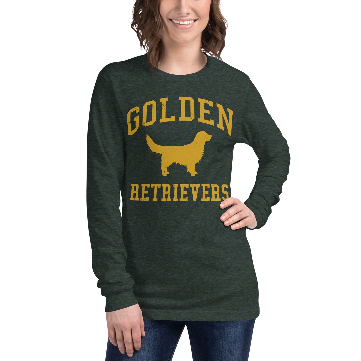 Golden Retrievers Collegiate Unisex Long Sleeve Tee, with Distressed Gold Print