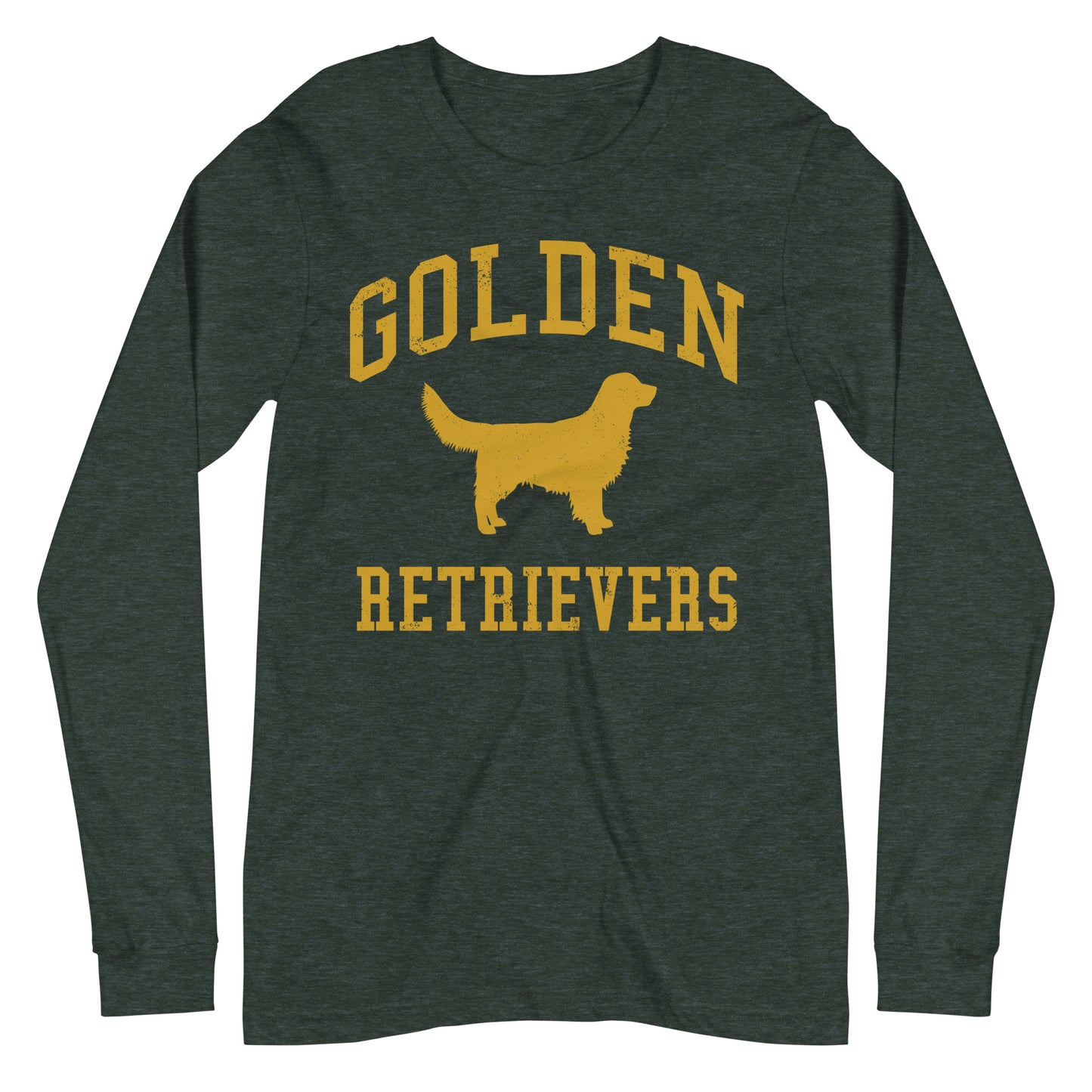 Golden Retrievers Collegiate Unisex Long Sleeve Tee, with Distressed Gold Print