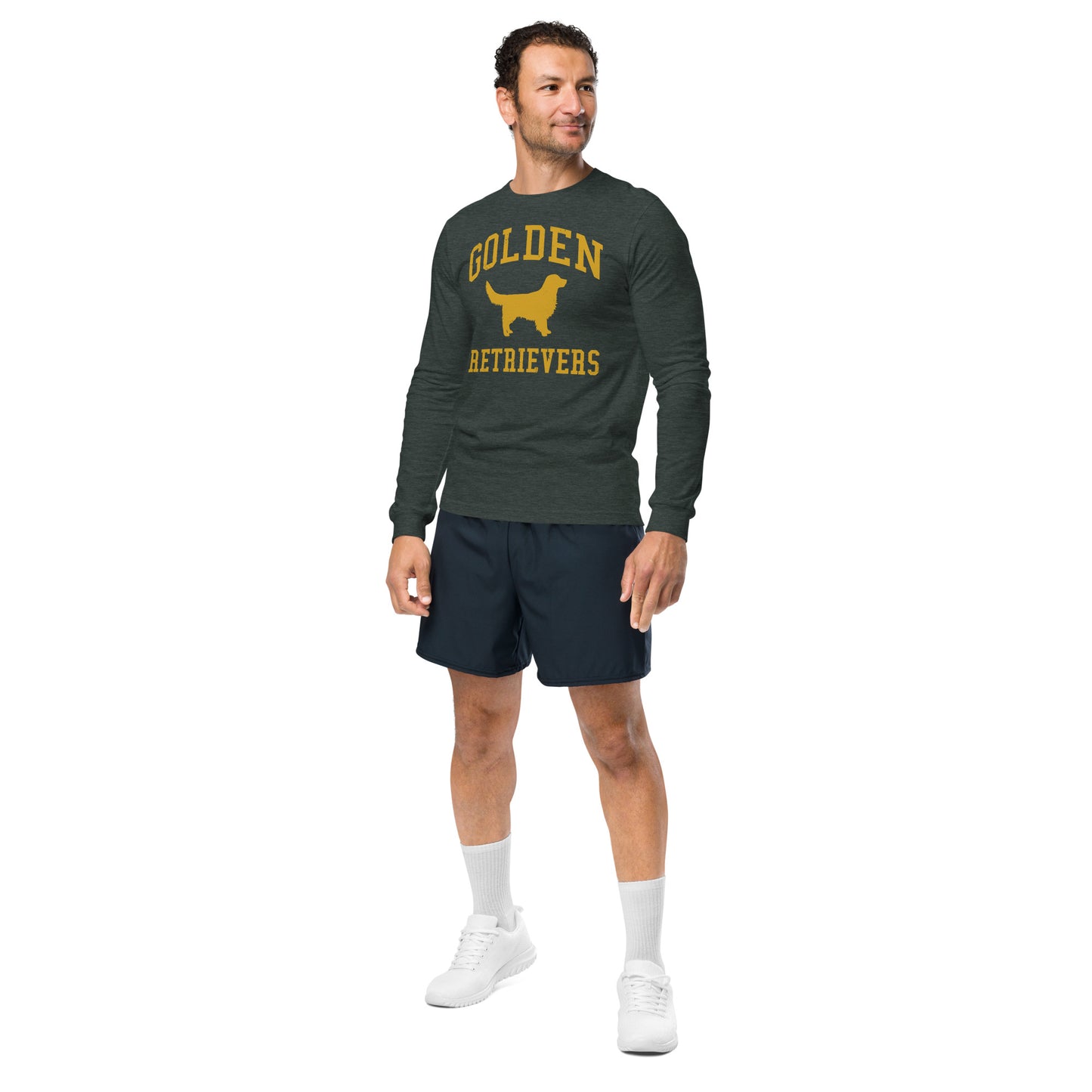 Golden Retrievers Collegiate Unisex Long Sleeve Tee, with Distressed Gold Print