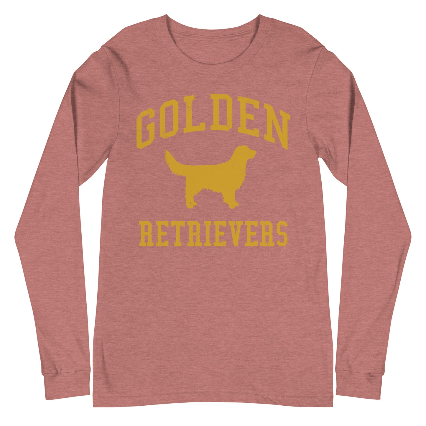 Golden Retrievers Collegiate Unisex Long Sleeve Tee, with Distressed Gold Print