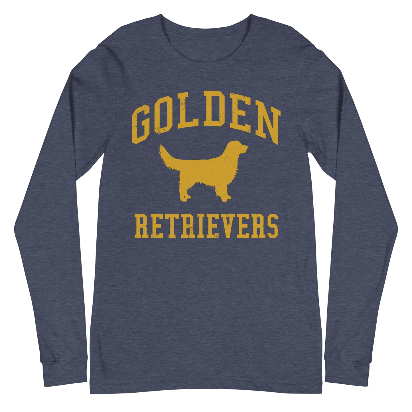 Golden Retrievers Collegiate Unisex Long Sleeve Tee, with Distressed Gold Print