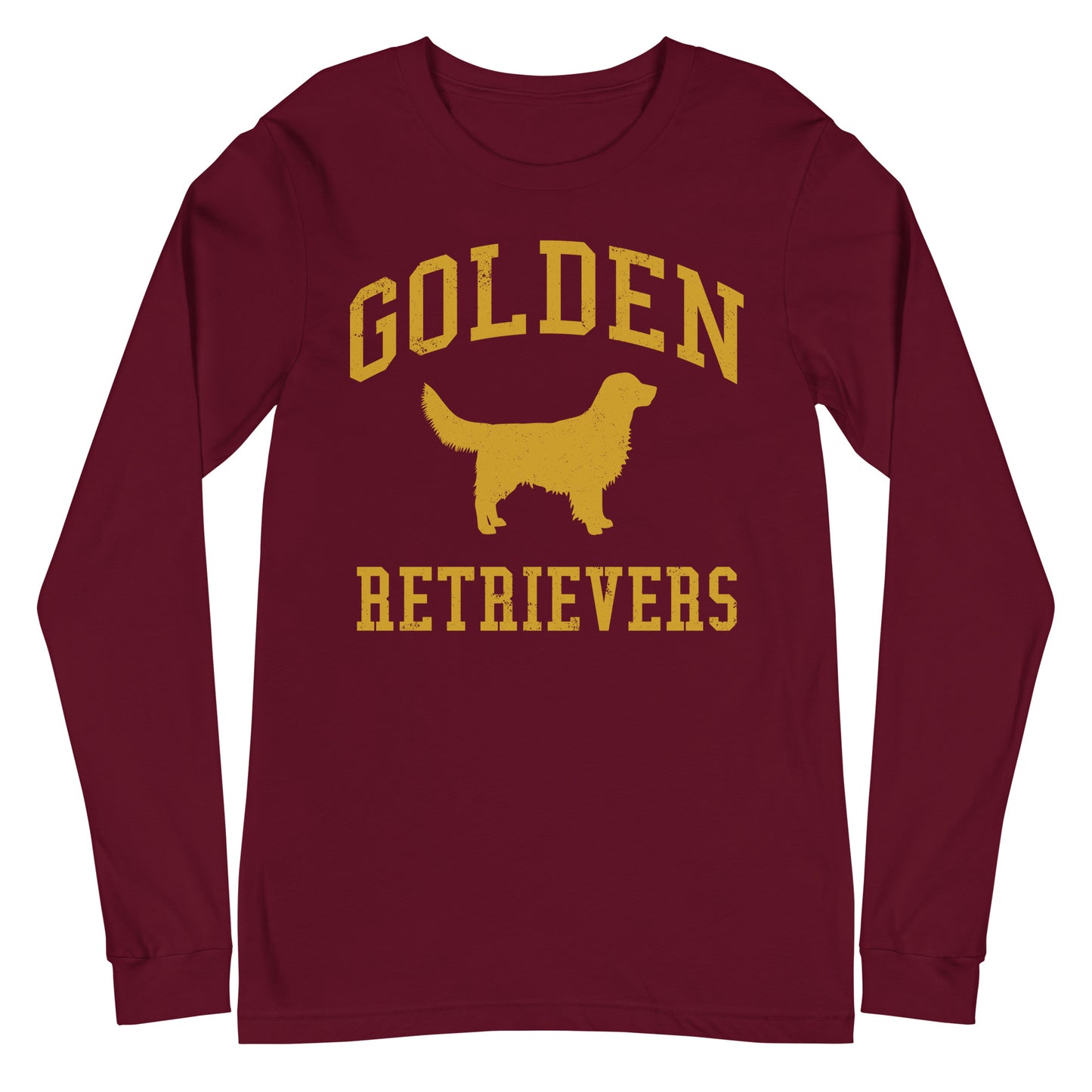 Golden Retrievers Collegiate Unisex Long Sleeve Tee, with Distressed Gold Print