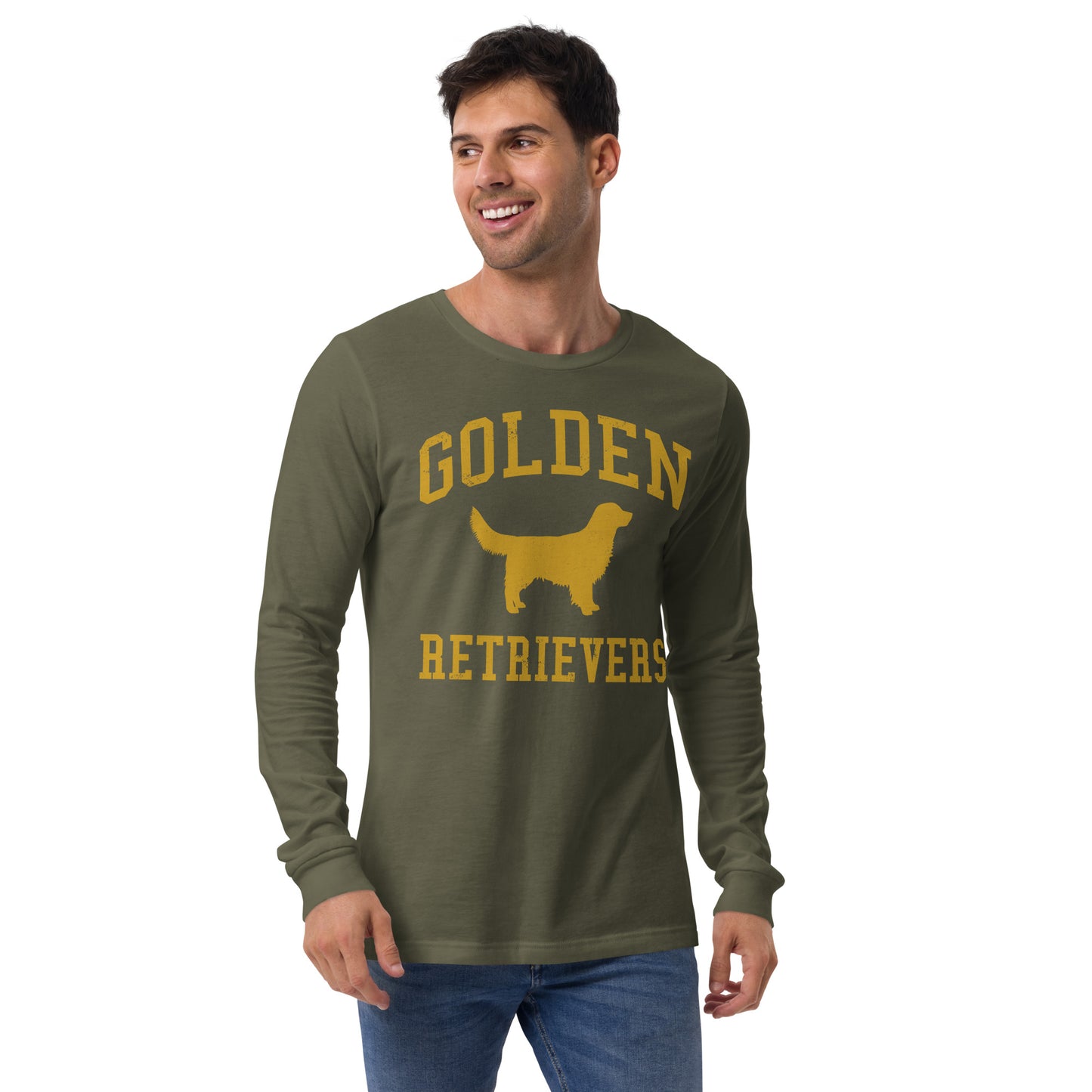Golden Retrievers Collegiate Unisex Long Sleeve Tee, with Distressed Gold Print