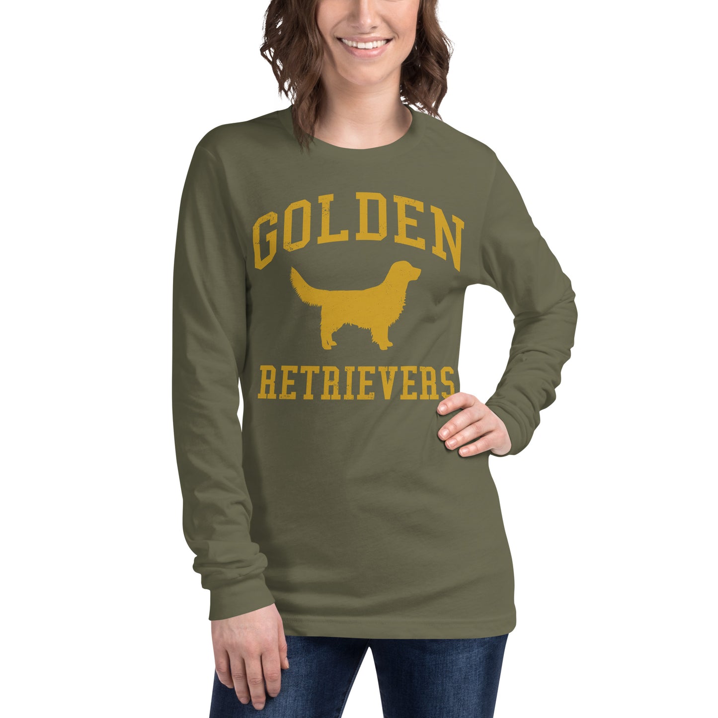 Golden Retrievers Collegiate Unisex Long Sleeve Tee, with Distressed Gold Print