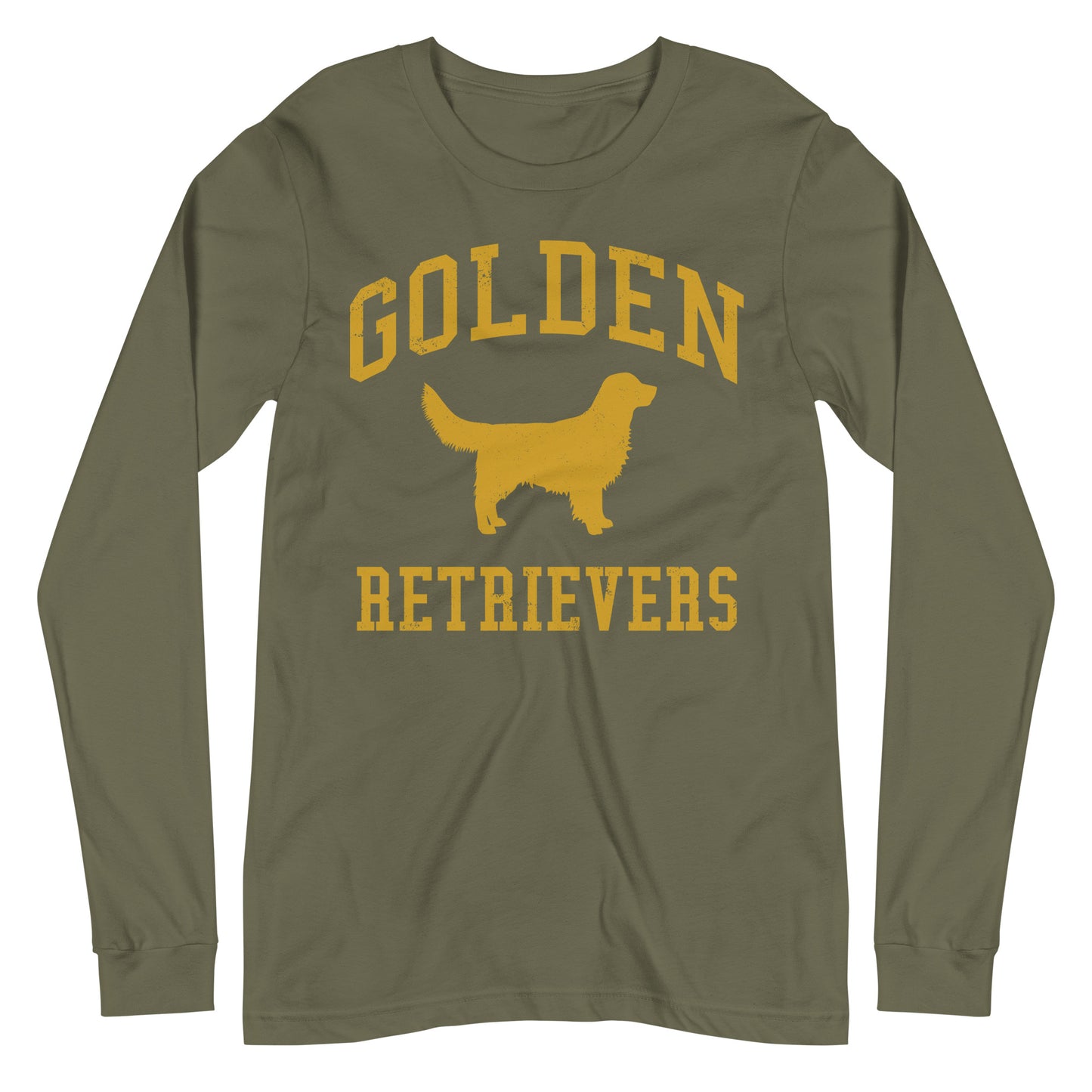 Golden Retrievers Collegiate Unisex Long Sleeve Tee, with Distressed Gold Print