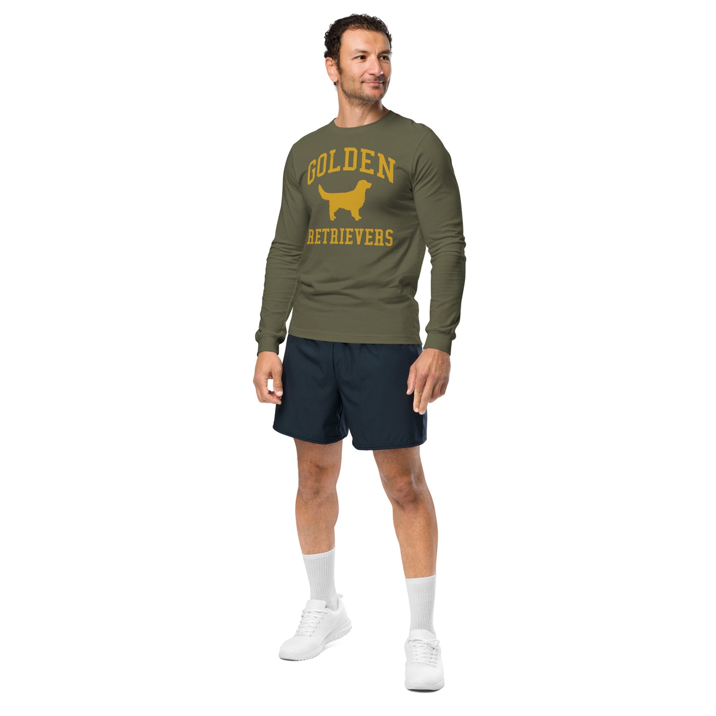 Golden Retrievers Collegiate Unisex Long Sleeve Tee, with Distressed Gold Print