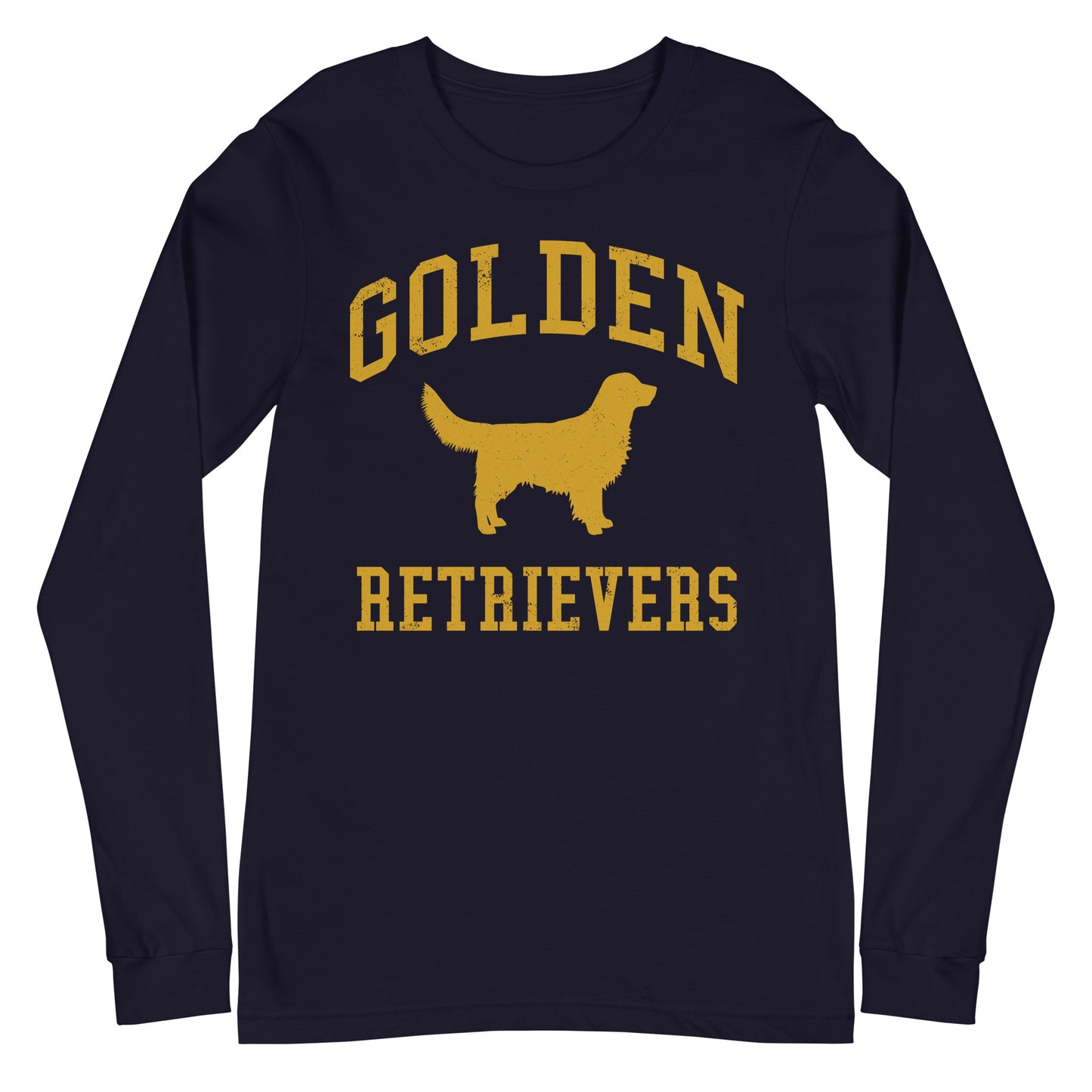 Golden Retrievers Collegiate Unisex Long Sleeve Tee, with Distressed Gold Print