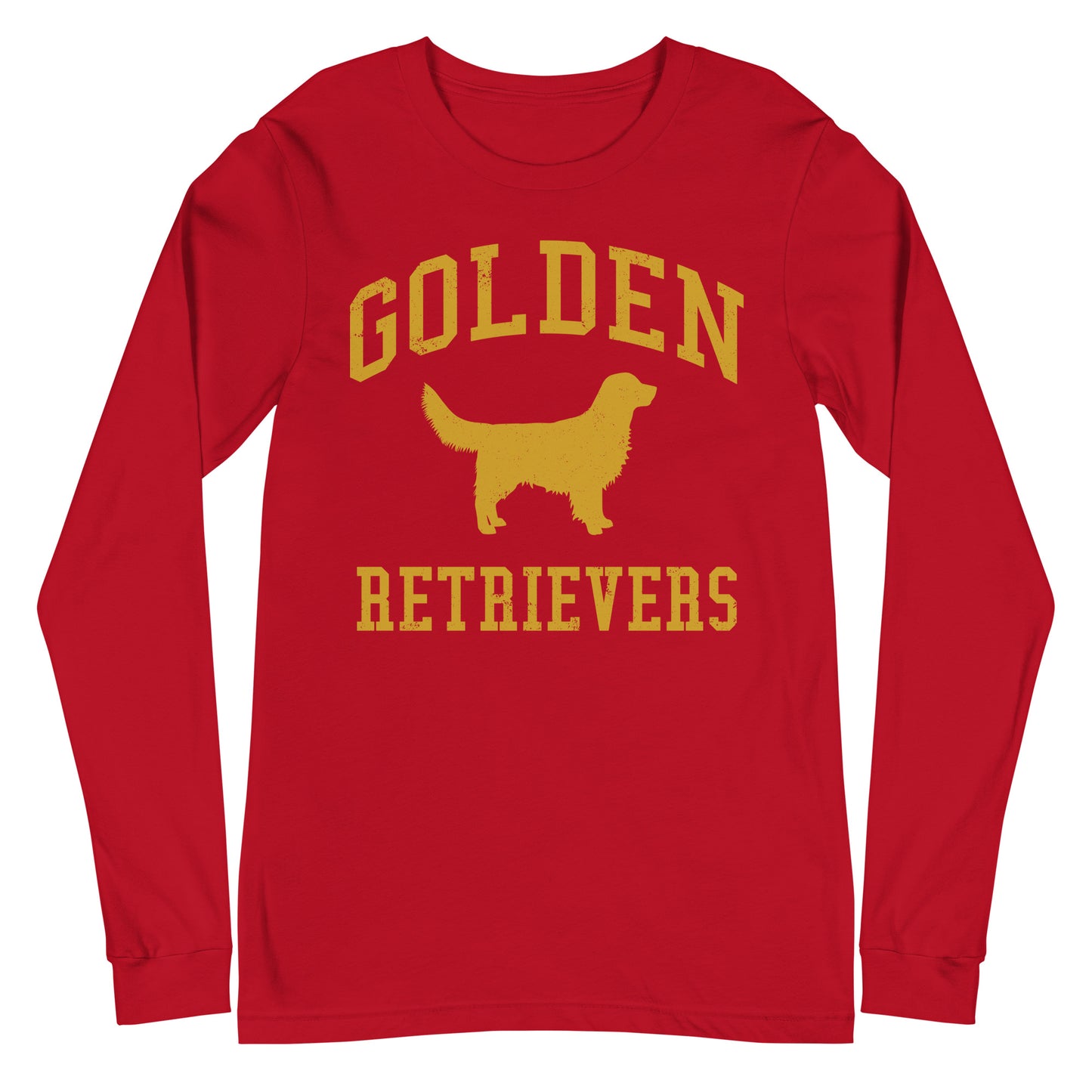 Golden Retrievers Collegiate Unisex Long Sleeve Tee, with Distressed Gold Print