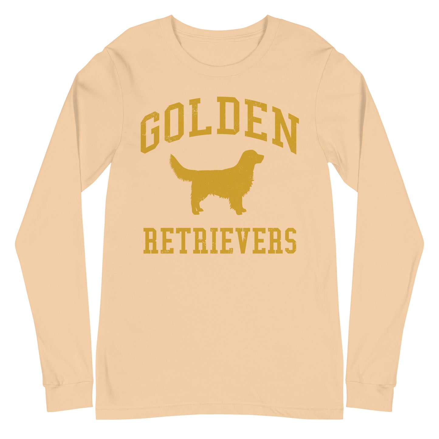 Golden Retrievers Collegiate Unisex Long Sleeve Tee, with Distressed Gold Print