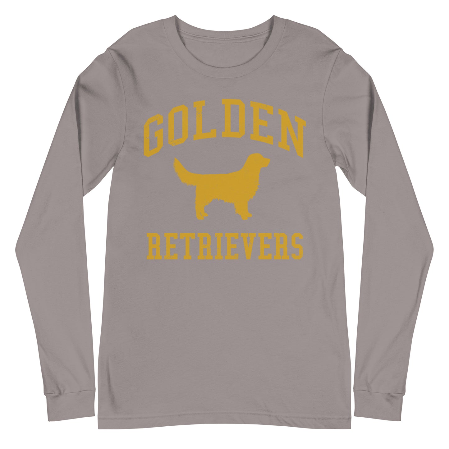 Golden Retrievers Collegiate Unisex Long Sleeve Tee, with Distressed Gold Print