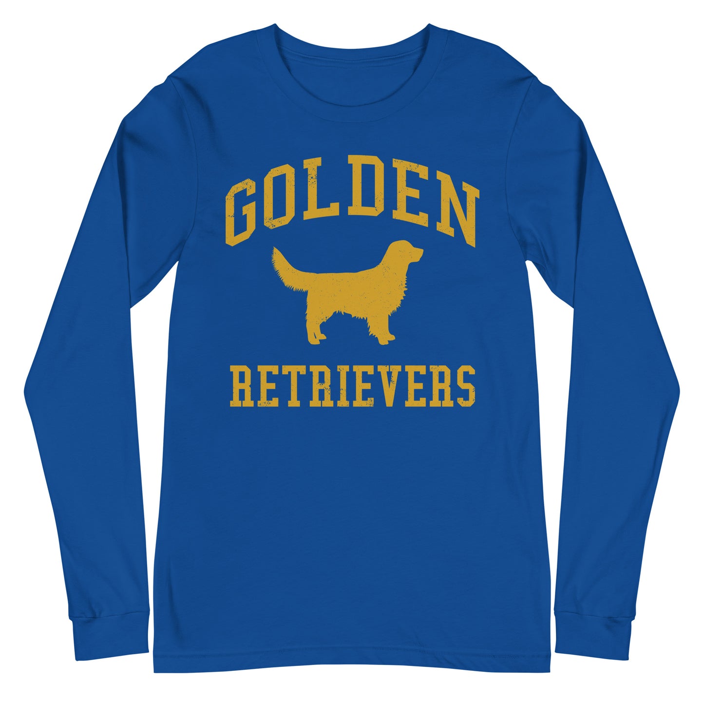 Golden Retrievers Collegiate Unisex Long Sleeve Tee, with Distressed Gold Print