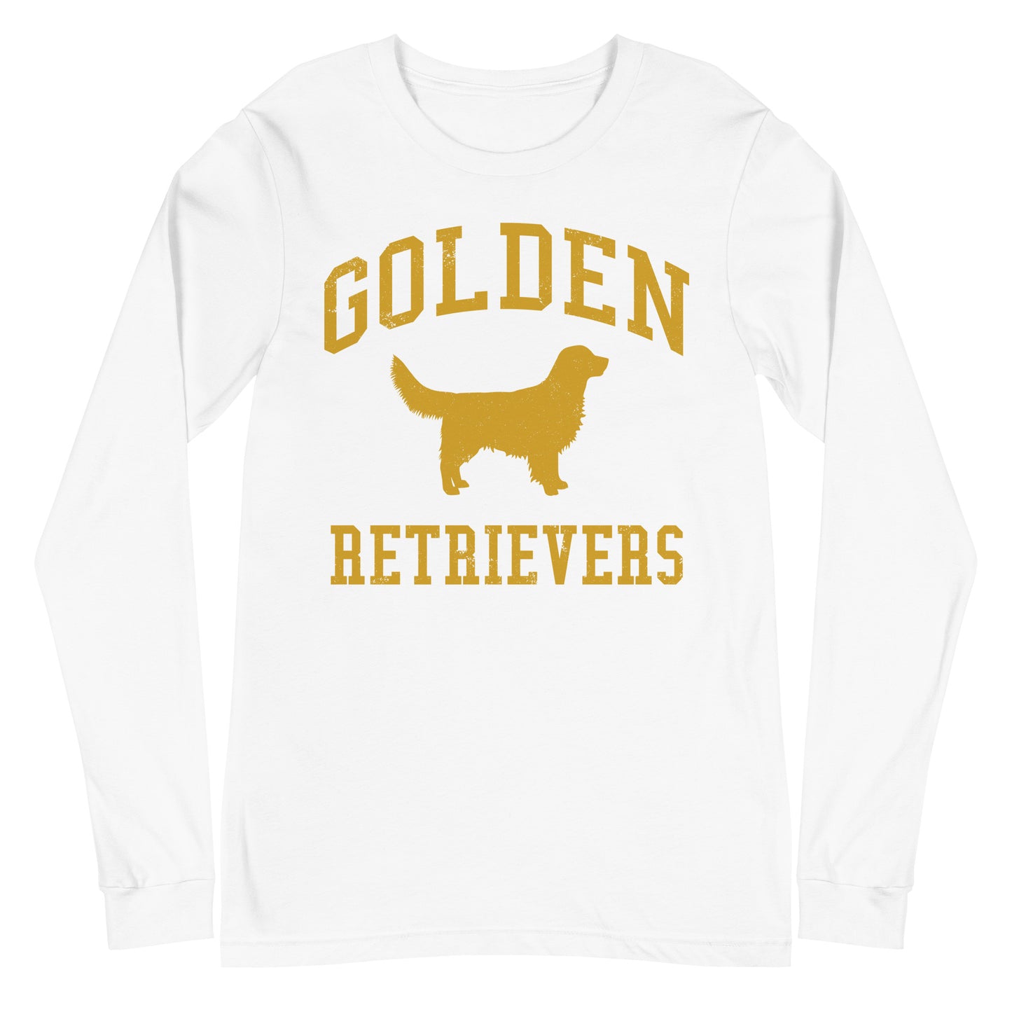 Golden Retrievers Collegiate Unisex Long Sleeve Tee, with Distressed Gold Print