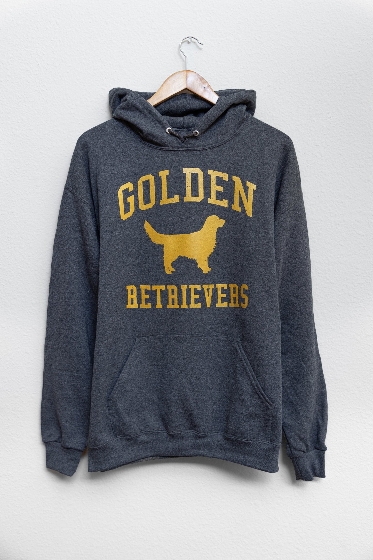 Golden Retrievers Collegiate Hoodie, Dark Heather Gray with Distressed Gold Print