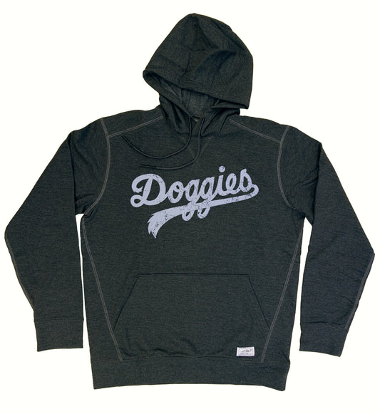 Doggies Script Hoodie, Dark Heather Gray with Distressed Gray Print