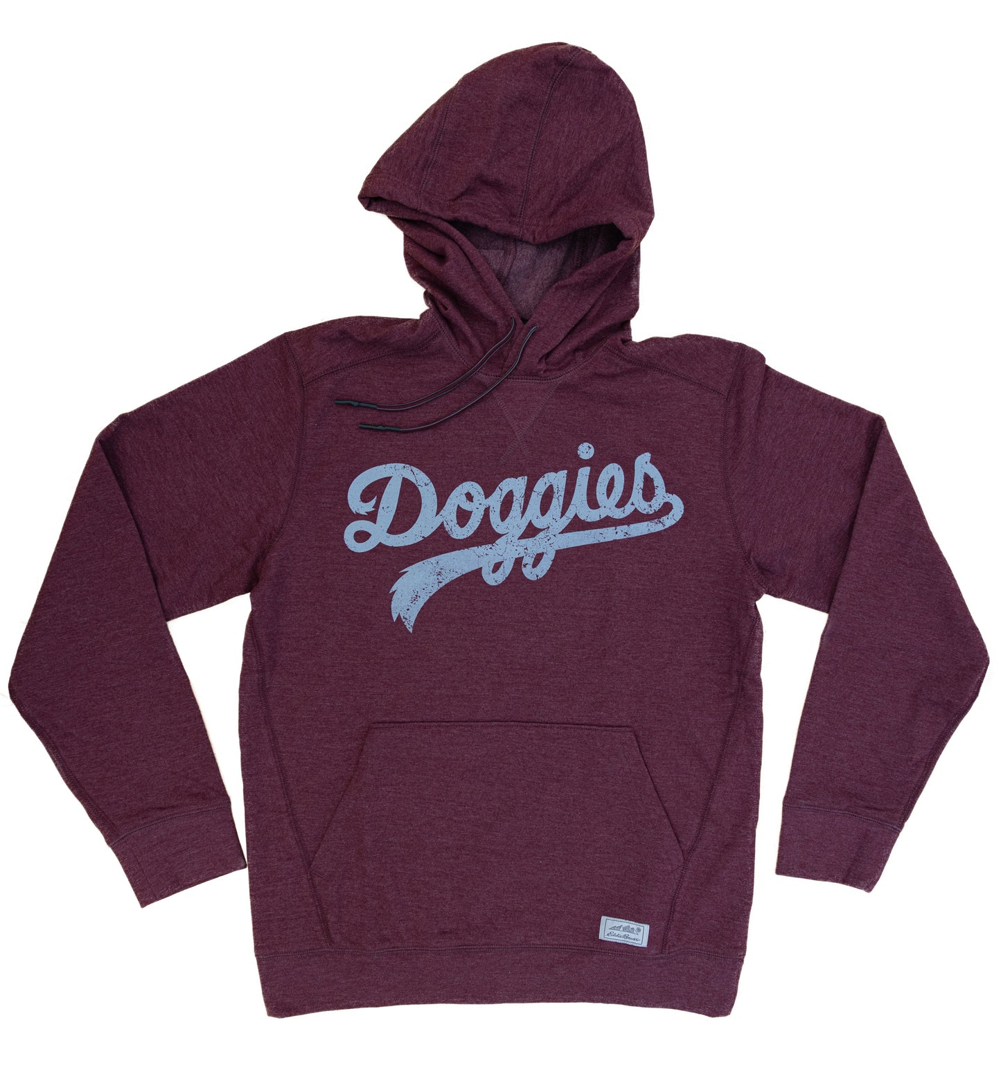 Doggies Script Hoodie, Heather Burgundy with Distressed Gray Print