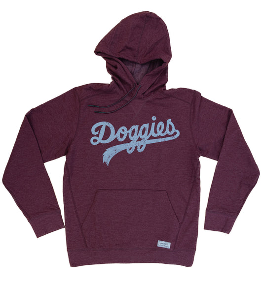 Doggies Script Hoodie, Heather Burgundy with Distressed Gray Print