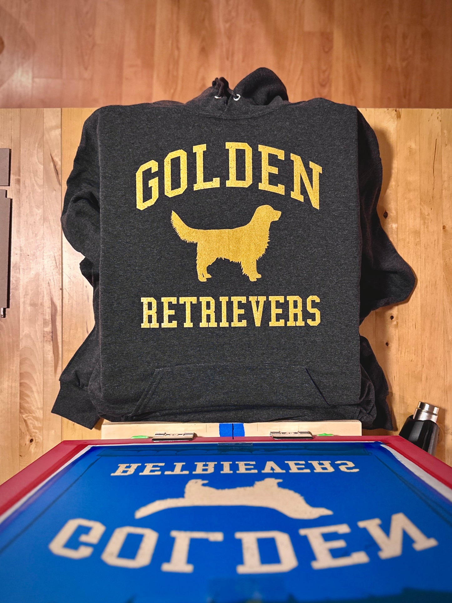 Golden Retrievers Collegiate Hoodie, Dark Heather Gray with Distressed Gold Print