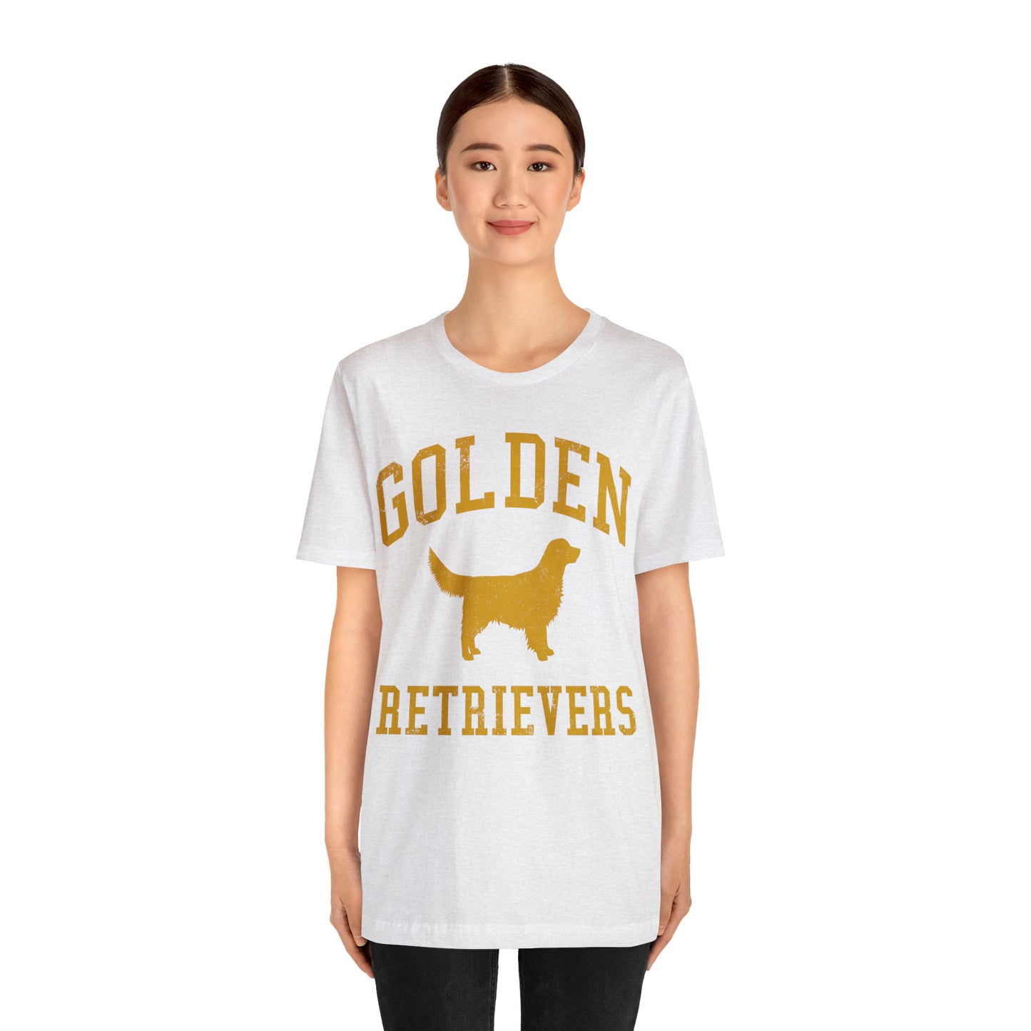 Golden Retrievers Collegiate Unisex Tee, with Distressed Gold Print