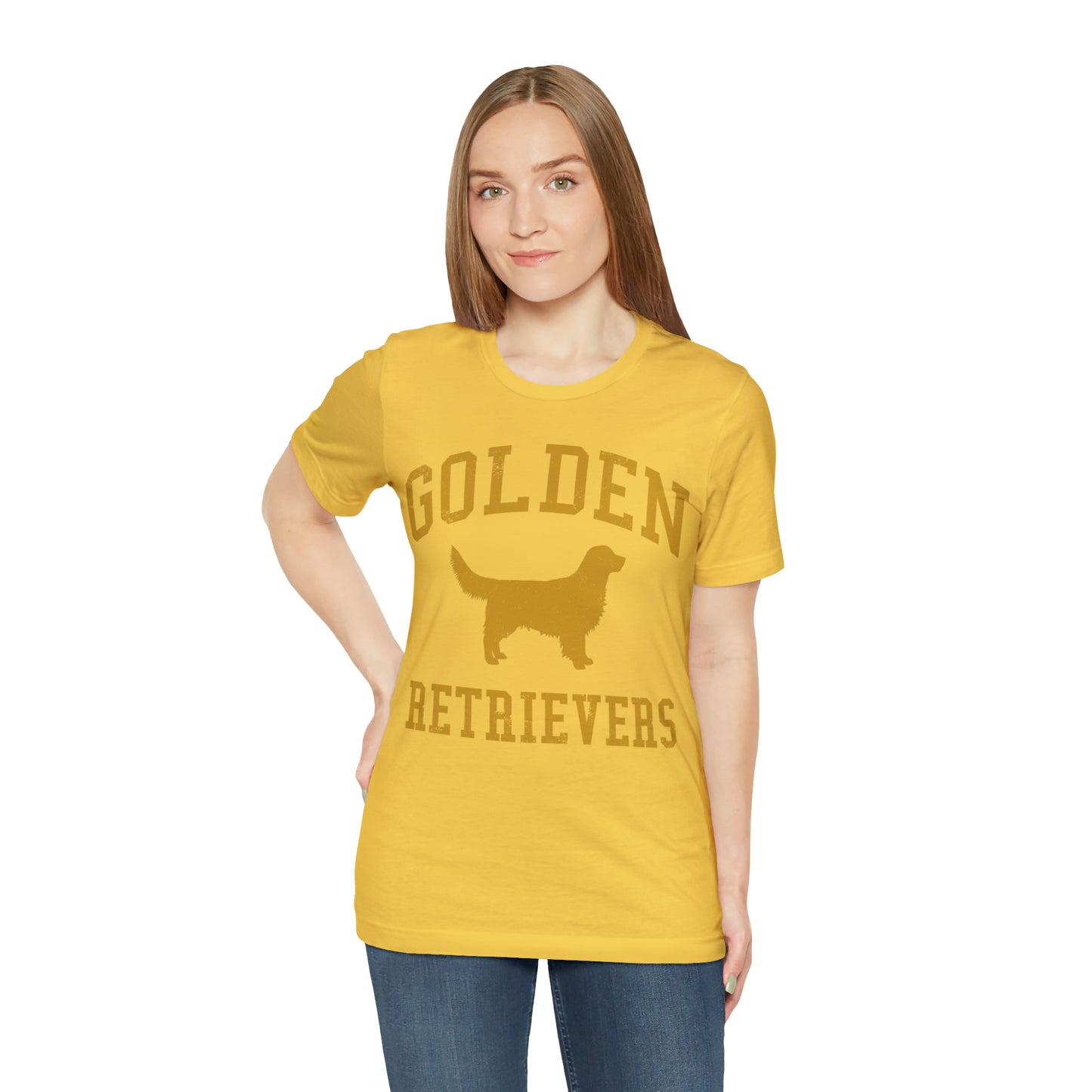 Golden Retrievers Collegiate Unisex Tee, with Distressed Gold Print