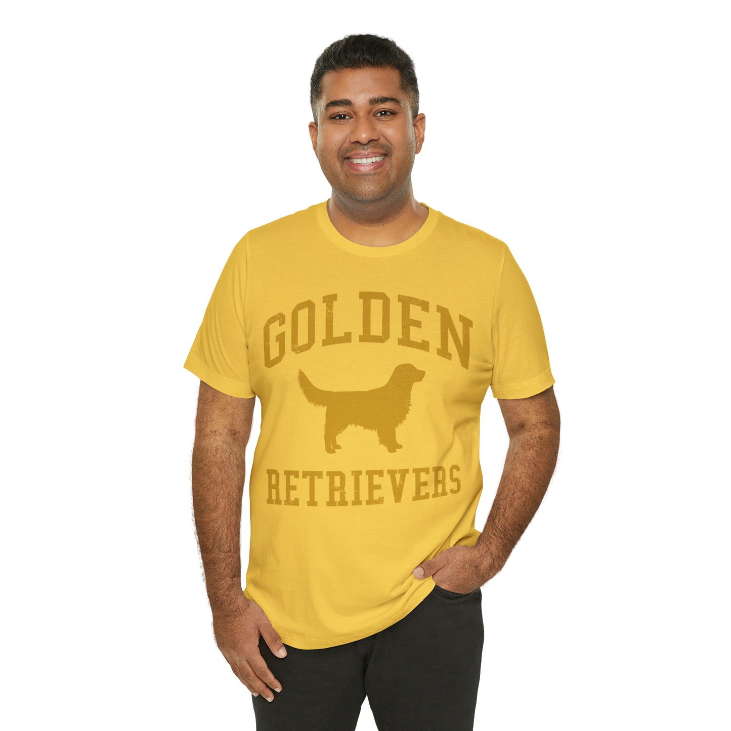 Golden Retrievers Collegiate Unisex Tee, with Distressed Gold Print